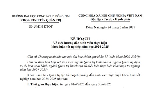 Kế hoạch hướng dẫn sinh viên thực hiện Khóa luận tốt nghiệp năm học 2024-2025
