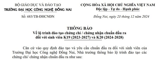 THÔNG BÁO LỘ TRÌNH ĐÀO TẠO CHỨNG CHỈ / CHỨNG NHẬN CHUẨN ĐẦU RA ĐỐI VỚI SINH VIÊN K19 VÀ K20
